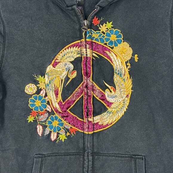 Y2K Vintage Lucky Brand Hoodie Sweatshirt Embroidered Peace Boho Size Small Wome - Picture 2 of 4